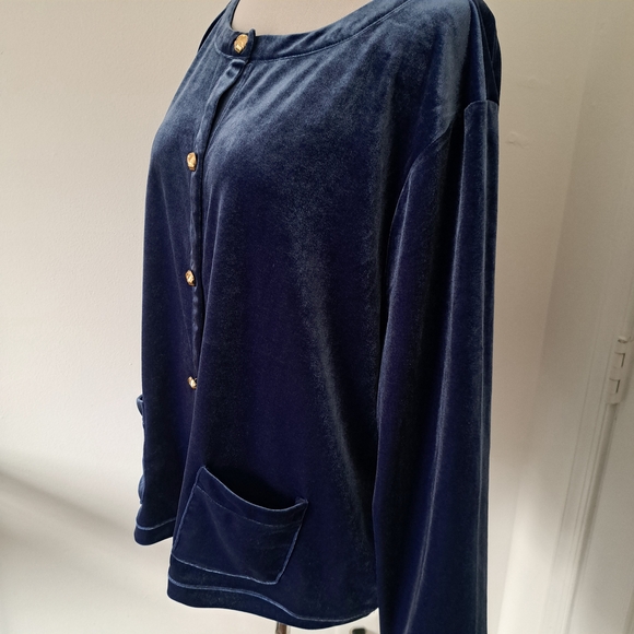 Talbot Plus Navy Blu Velvet Button Front Cardigan Sweater Gold Button Pockets 3X - Picture 4 of 6